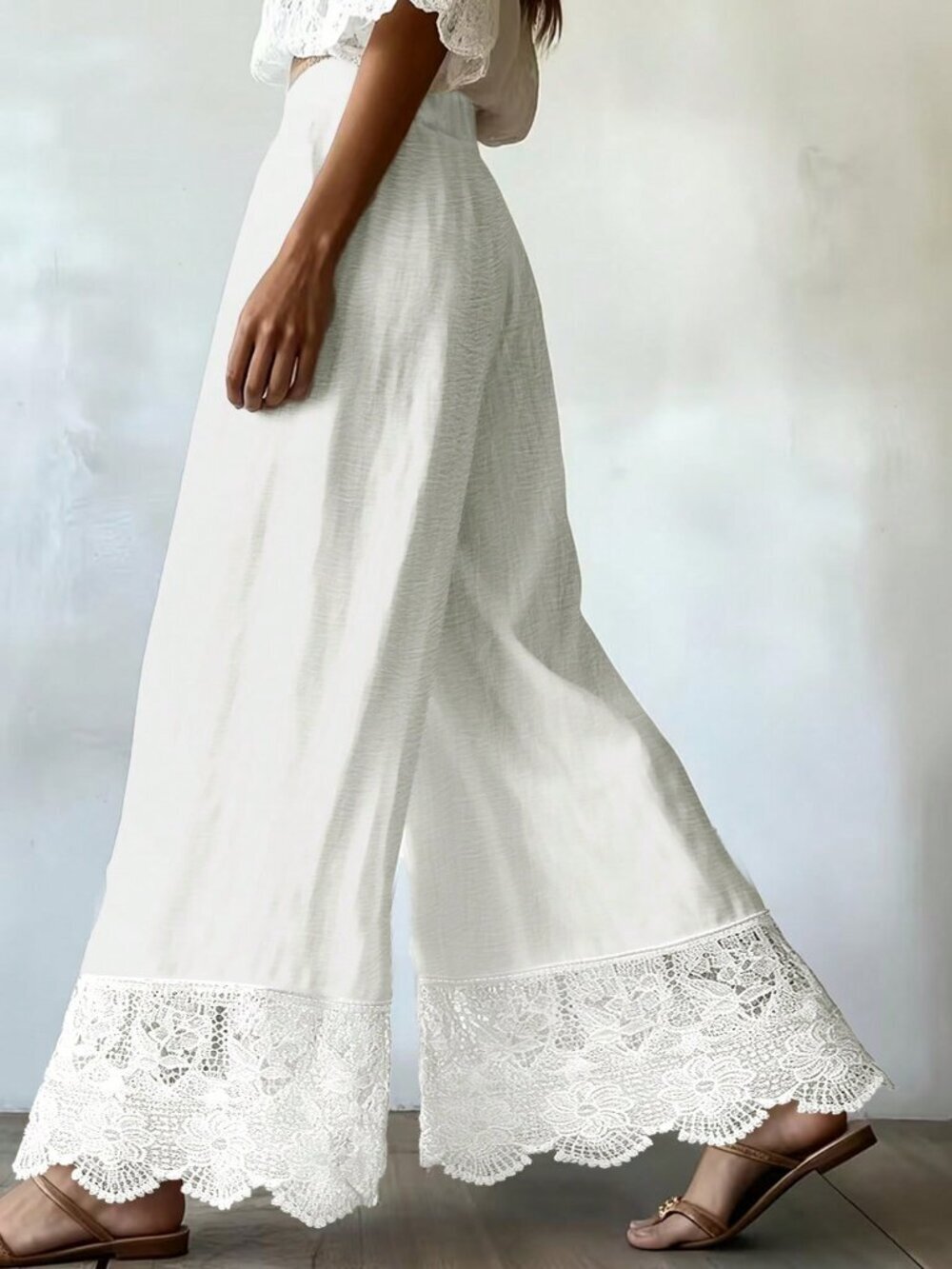 White Boho Casual Patchwork Women's lace trim Flowy Trousers - Picture 3 of 4